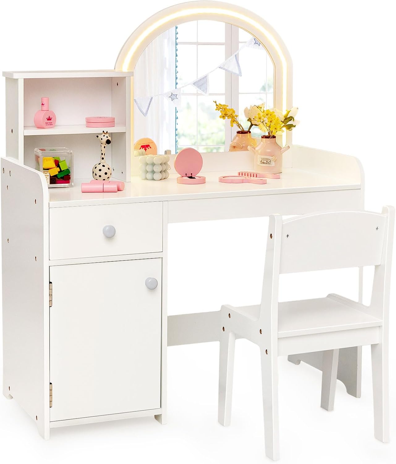 INFANS Kids Vanity, Princess Makeup Desk and Chair Set with Lights Mirror Drawer Storage Shelves, Wooden Dressing Table, Pretend Play Vanity Set for Girls