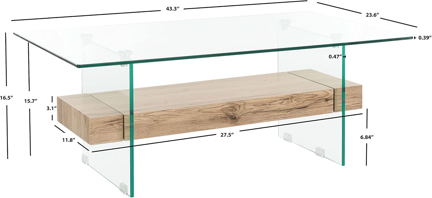 SAFAVIEH Home Collection – Kayley Rectangular Glass Coffee Table with Wood Shelf, Modern Open Frame Accent Table for Living Room (COF7004A)