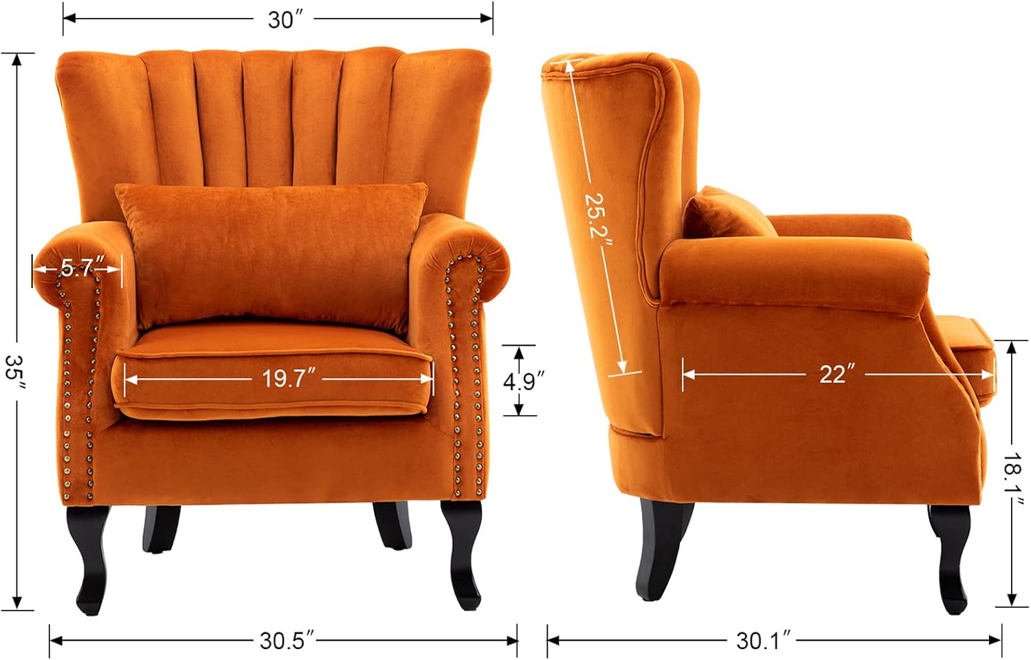 Kmax Orange Accent Chair Velvet Wingback Chair with Pillow Nail-Head Channel Tufted Oversized Club Chair for Living Room Bedroom Guest Room