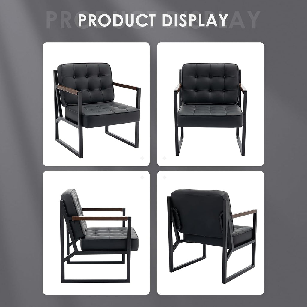 MALOL Black Leather Accent Chair, Accent Arm Chair for Living Room, Comfy Armchair with Metal Legs for Living Room Bedroom Reception Waiting Room