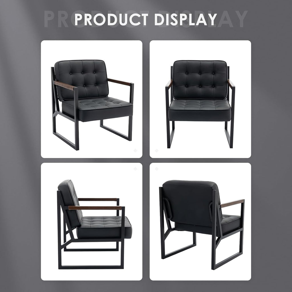 MALOL Mid Century Modern Accent Chair Set of 2, Comfy Living Room Chair, Black Leather Accent Chair, Faux Leather Reception Armchair with Metal Legs for Living Room Bedroom Reception Office, Black