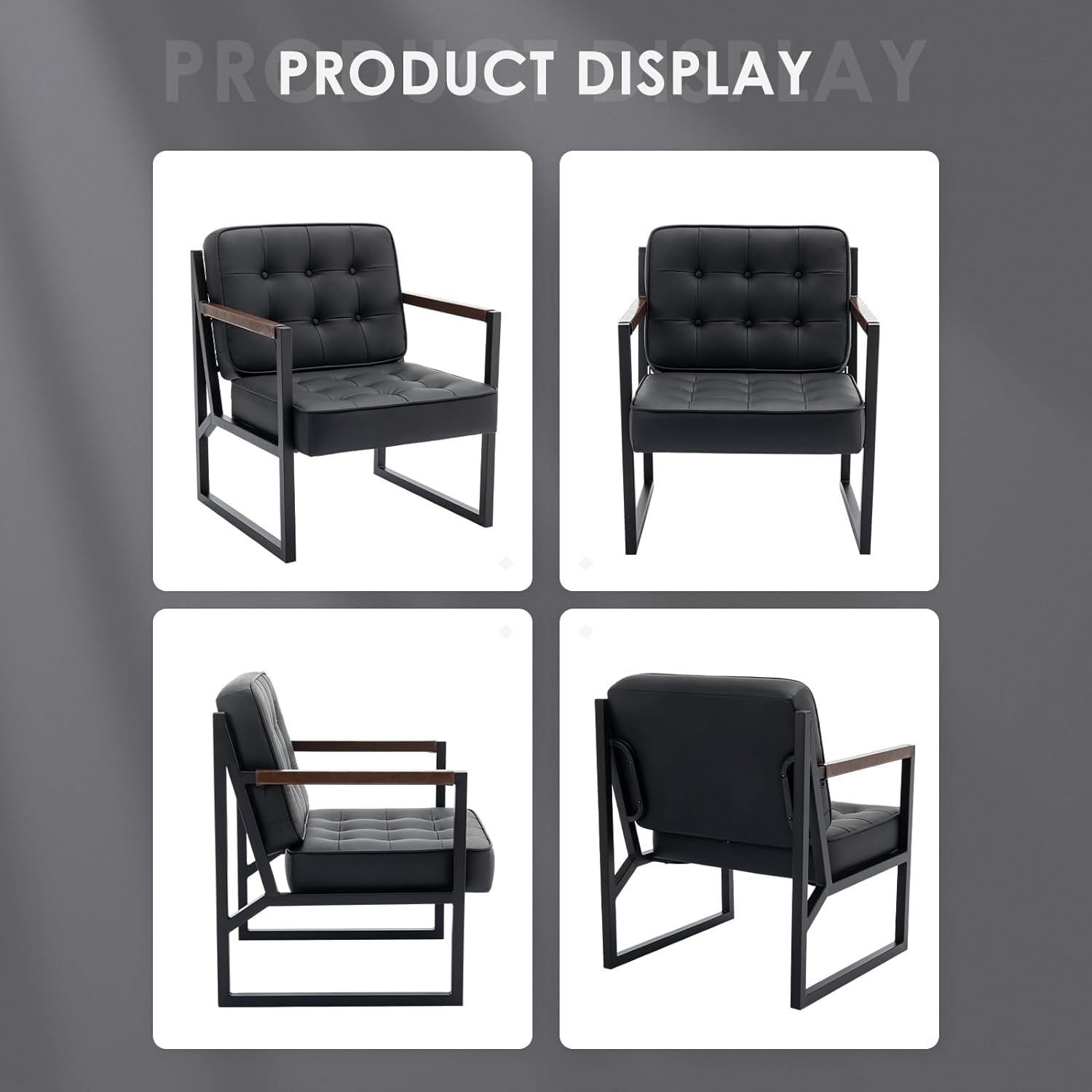 MALOL Mid Century Modern Accent Chair Set of 2, Comfy Living Room Chair, Black Leather Accent Chair, Faux Leather Reception Armchair with Metal Legs for Living Room Bedroom Reception Office, Black