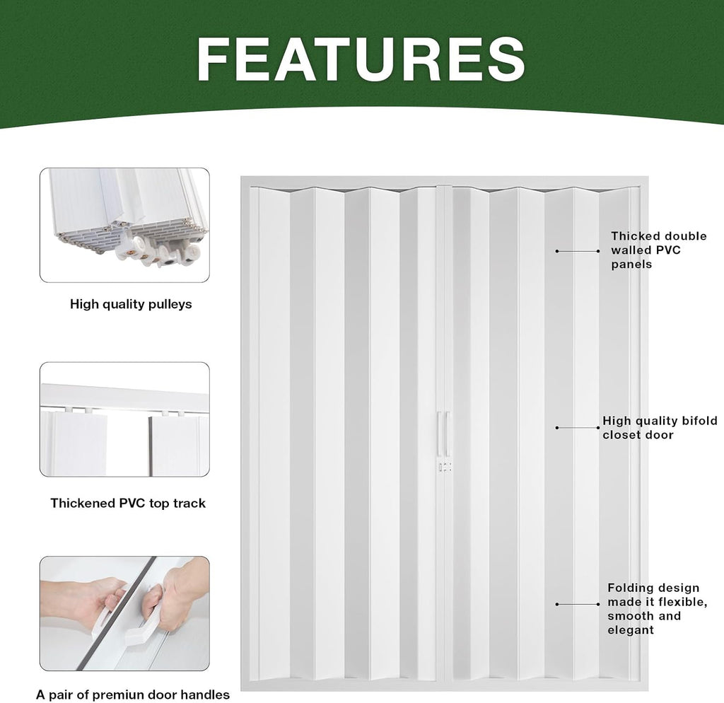 NeatiEase Accordion Door 72x80, Portable Interior PVC Folding Door, Bifold Closet Doors with Latch, Handle, Mounting Hardware