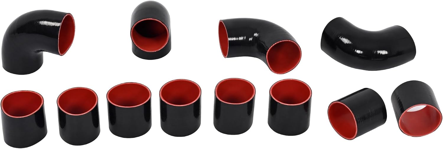 KUAFU 12 Pcs Universal 3' Aluminium Turbo Intercooler Piping & Silicone Coupler & Stainless Steel Clamp Kit Polished