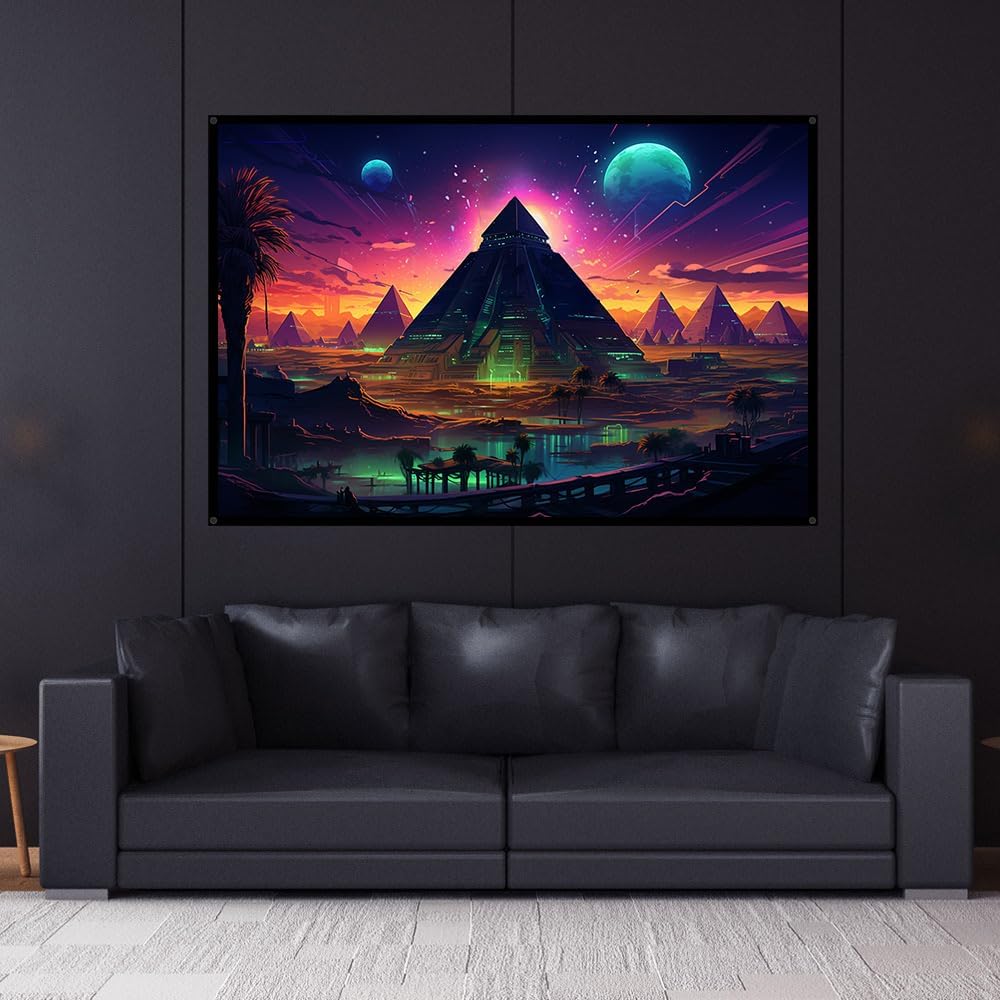 Atlantis Pyramid Temple, Egyptians pyramids, UV tapestry, Blacklight Reactive Wall Hanging, Neon Backdrop, Party Decor, Psychedelic Tapestry, Visionary Wall Art (Large)