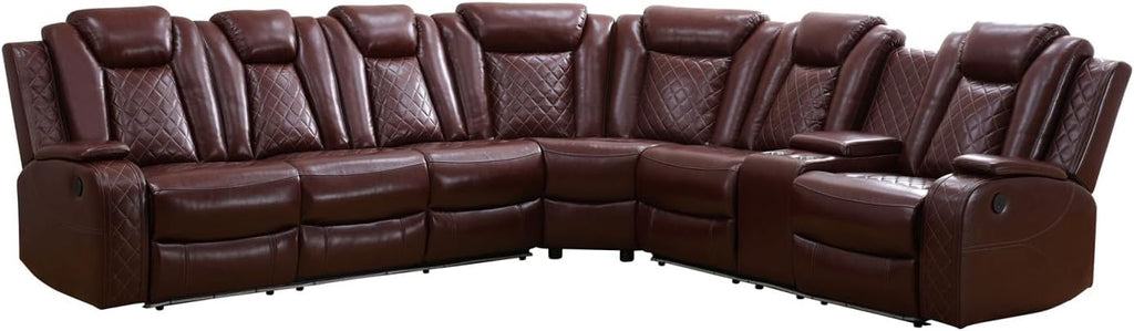 Reclining Sectional, Power Sectional Couch, Leather Sofa Set for Living Room, Comfy Home Theater Seating with USB 2.0 Charging Ports, LED Light Strips, Fold-Down Table & Cupholders (Red, 3-Piece)