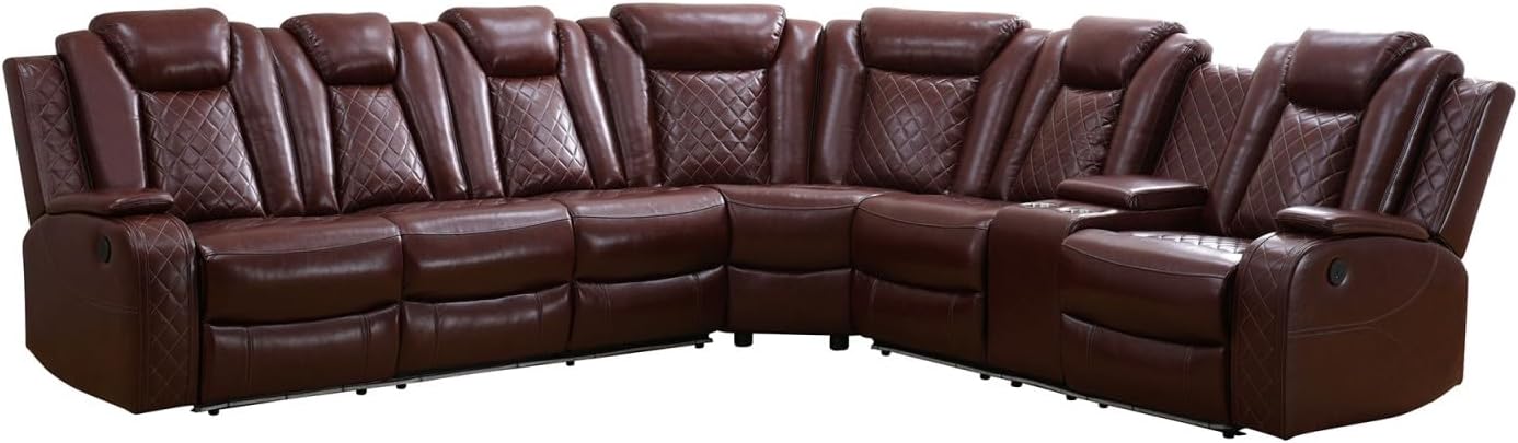Reclining Sectional, Power Sectional Couch, Leather Sofa Set for Living Room, Comfy Home Theater Seating with USB 2.0 Charging Ports, LED Light Strips, Fold-Down Table & Cupholders (Red, 3-Piece)