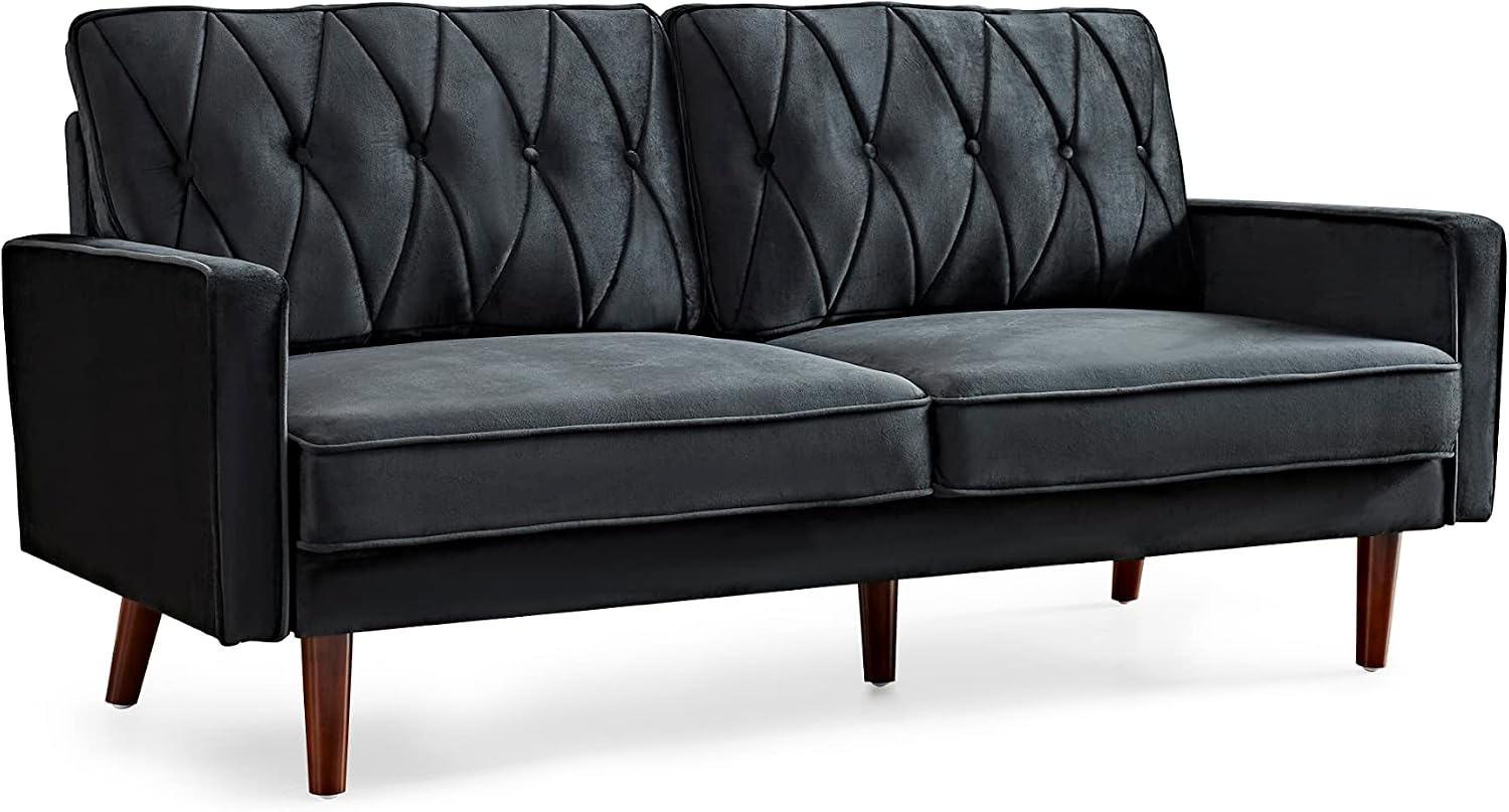 Container Furniture Modern Style Tufted Velvet Couches for Living Room with Soft Fabric Upholstery and Solid Wood Frame, 2 Piece Sofa and Loveseat Set, Black