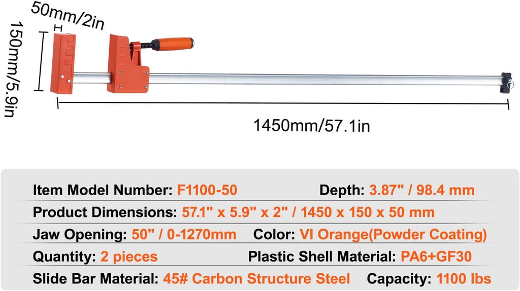 Happybuy Bar Clamps for Woodworking, 2-Pack 50' Parallel Clamp Set, F Clamp with 1100 lbs Load Limit, Even Pressure, High-strength Plastic and Carbon Steel, Wood clamps for Woodworking Metal Working