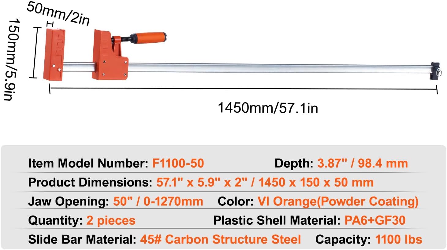 Happybuy Bar Clamps for Woodworking, 2-Pack 50' Parallel Clamp Set, F Clamp with 1100 lbs Load Limit, Even Pressure, High-strength Plastic and Carbon Steel, Wood clamps for Woodworking Metal Working