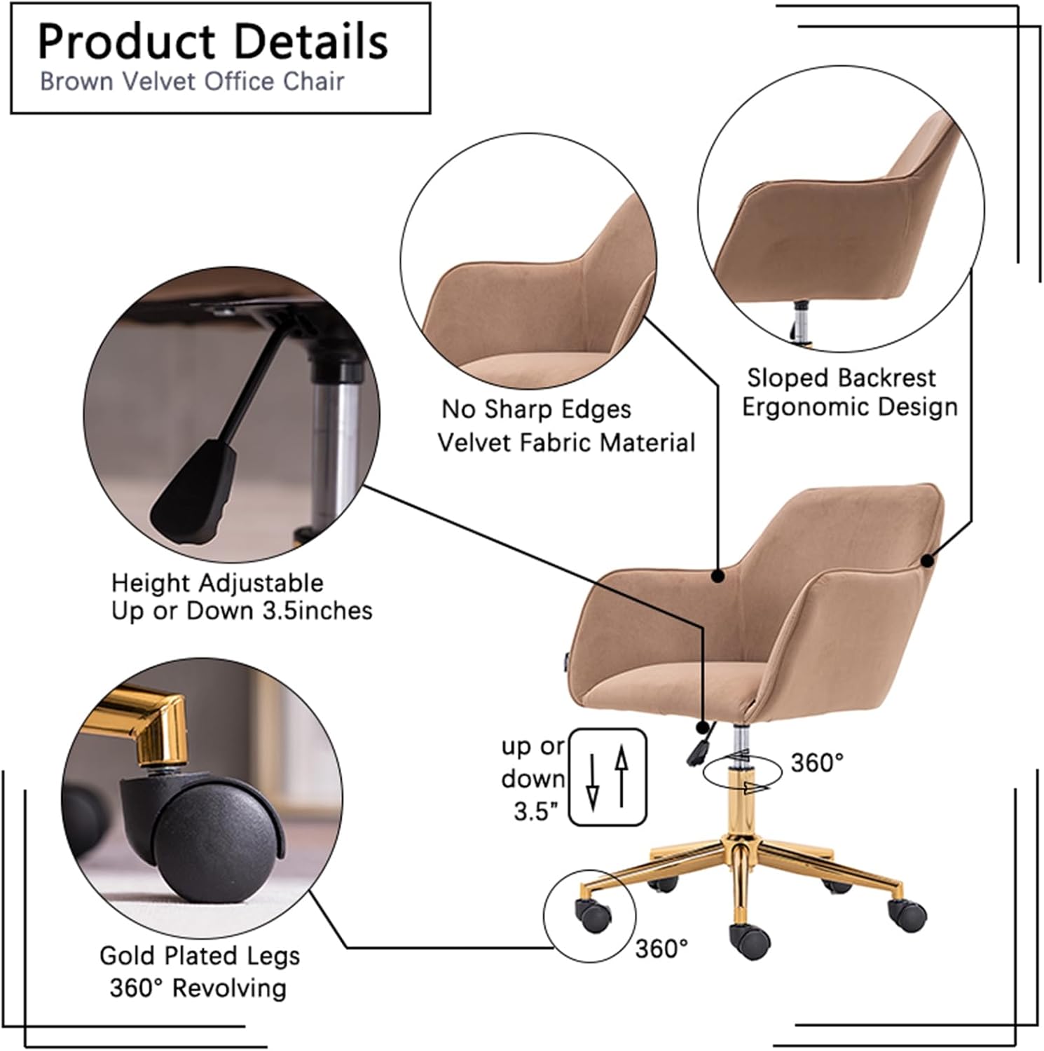 Modern Velvet, Height Adjustable, 360° Swivel Office Chair, Upholstered Cosmetic Dresser Armchair with Metal Feet and Backrest, Bedroom Furniture Light Coffee