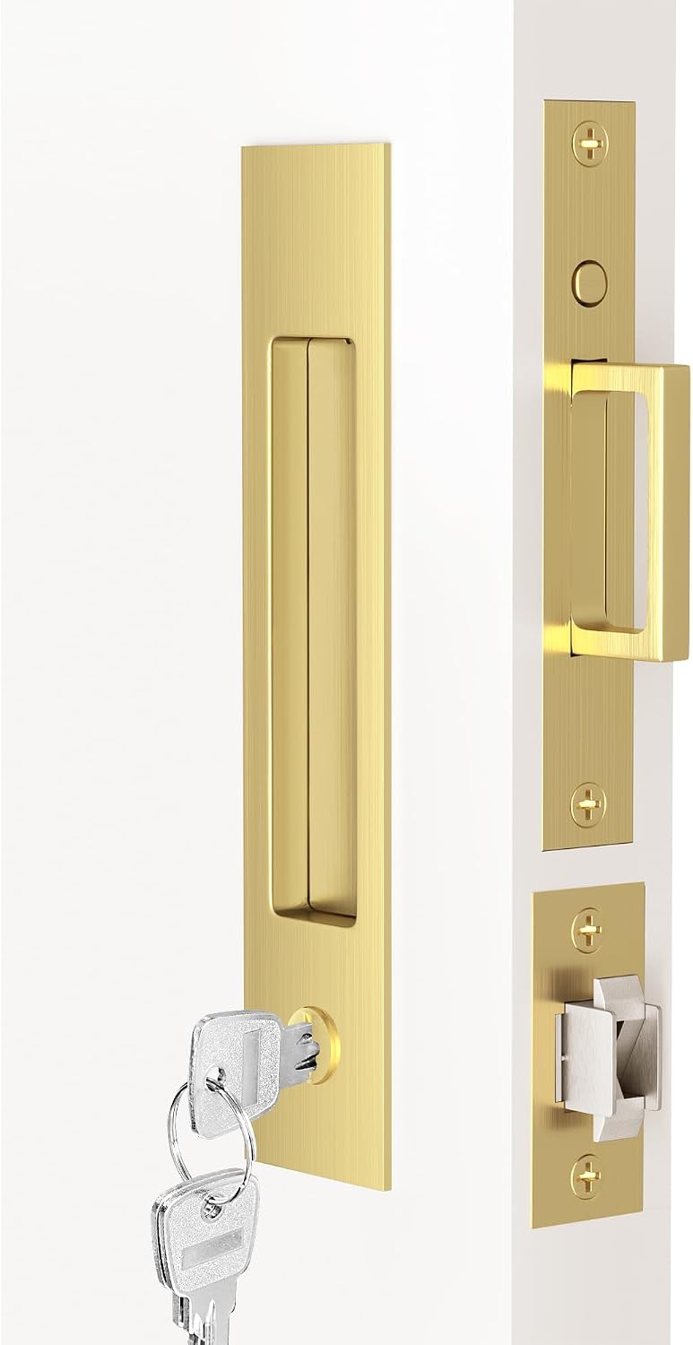 Dontay Pocket Door Handle and Edge Pull, Narrow Modern Rectangular Keyed Entry Function, Recessed Sliding Door Hardware for 1 3/8' to 2 3/16' Thickness Door (Keyed Lock, Satin Brass, 2 Pack)