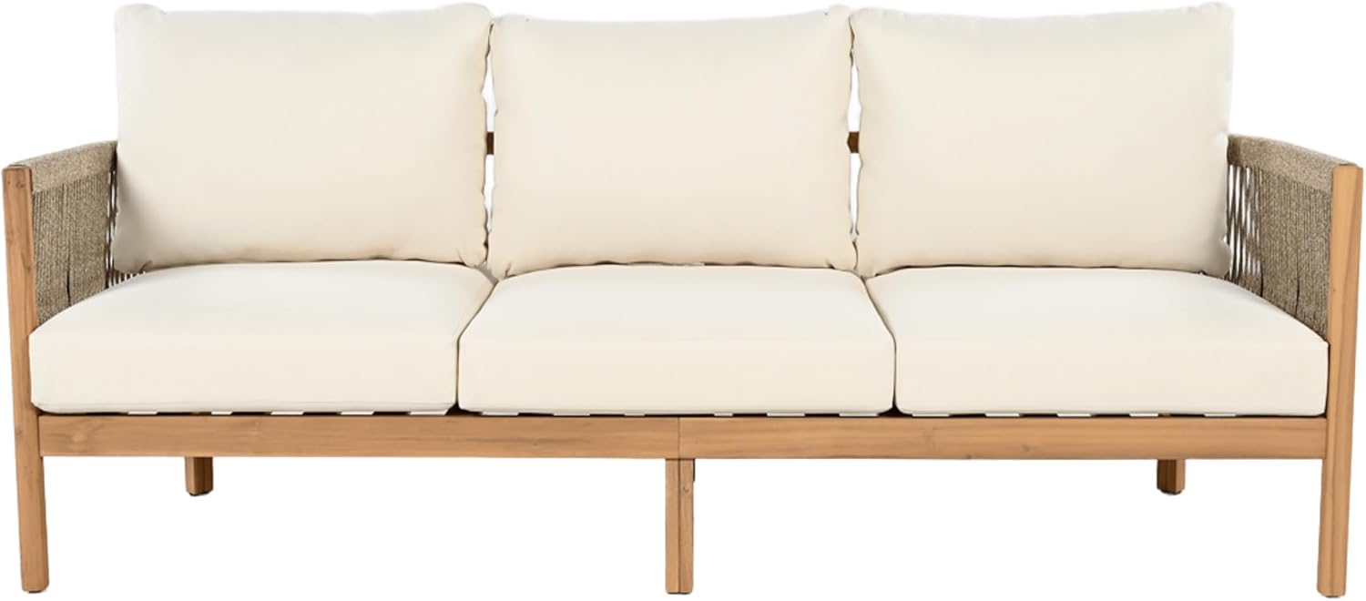 Christopher Knight Home Havets 77'W Outdoor 3 Seater Sofa, 6' Thick Cushion Couch, Acacia Wood Bench Sofa, Comfy Woven Rope Armchair, Spacious Seating Bench Couch for Backyard Garden Porch, Teak+Beige