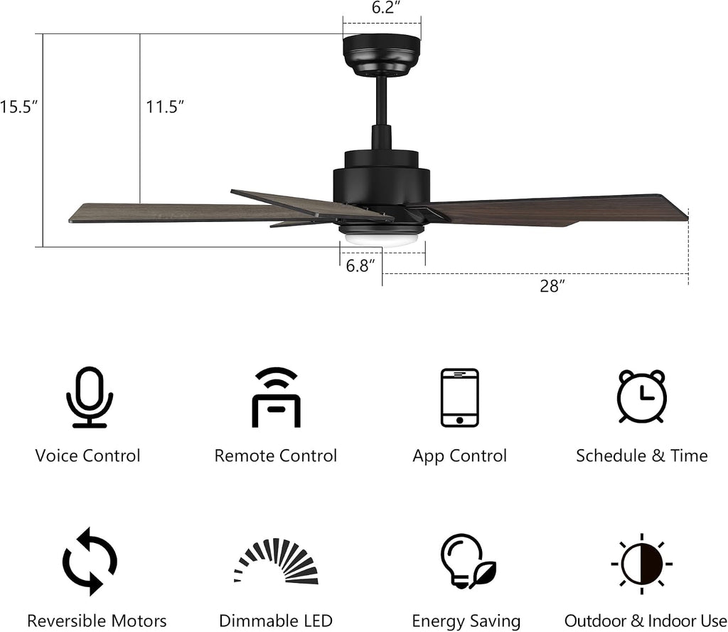 SMAAIR 56 Inch DC Ceiling Fans with Lights and Remote Control, Modern Ceiling Fan Works with APP/Alexa/Google Assistant/Siri, 5 Reversible Plywood Blades, 10 Speed DC Motor, Walnut/Light Wood