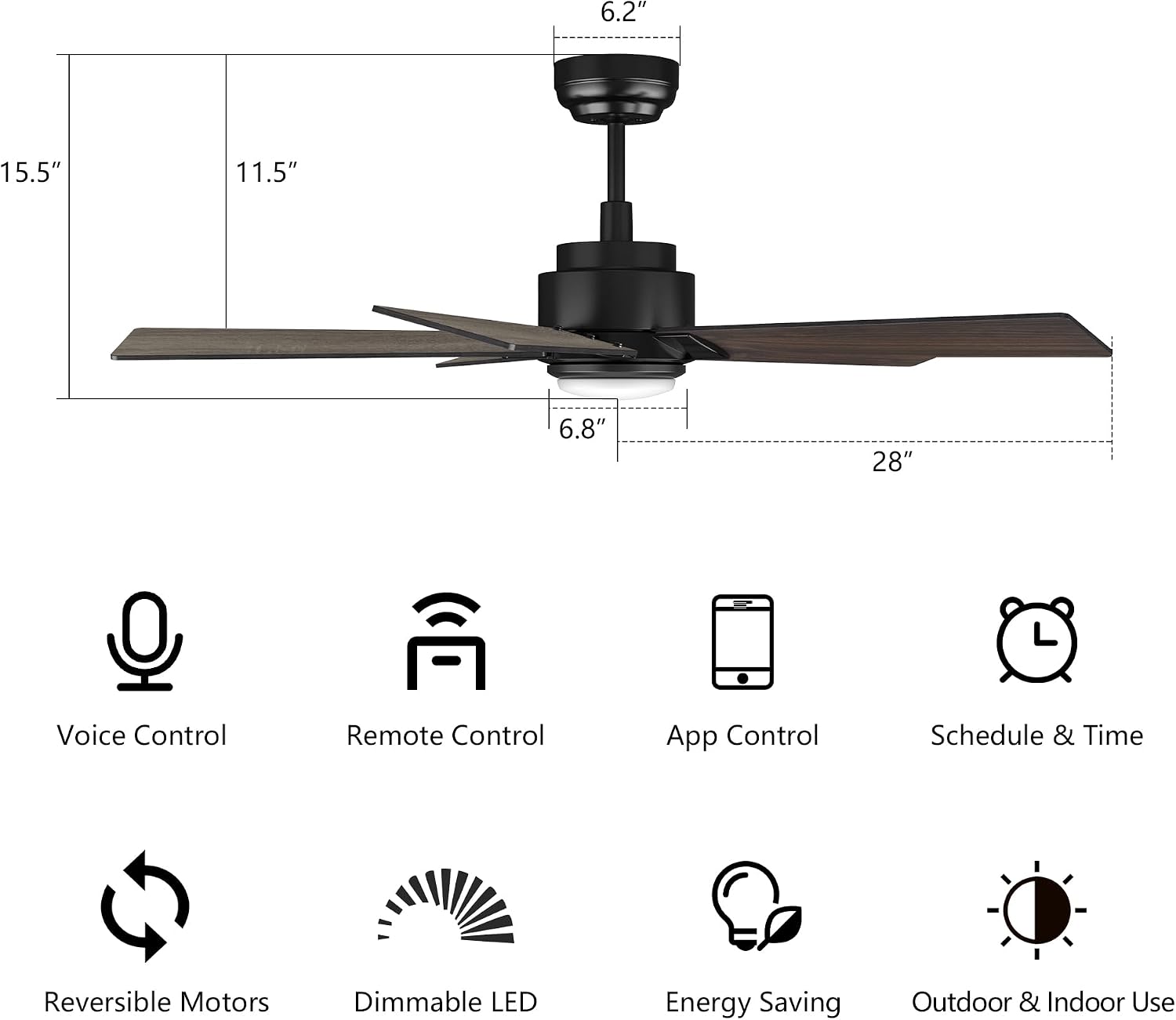 SMAAIR 56 Inch DC Ceiling Fans with Lights and Remote Control, Modern Ceiling Fan Works with APP/Alexa/Google Assistant/Siri, 5 Reversible Plywood Blades, 10 Speed DC Motor, Walnut/Light Wood