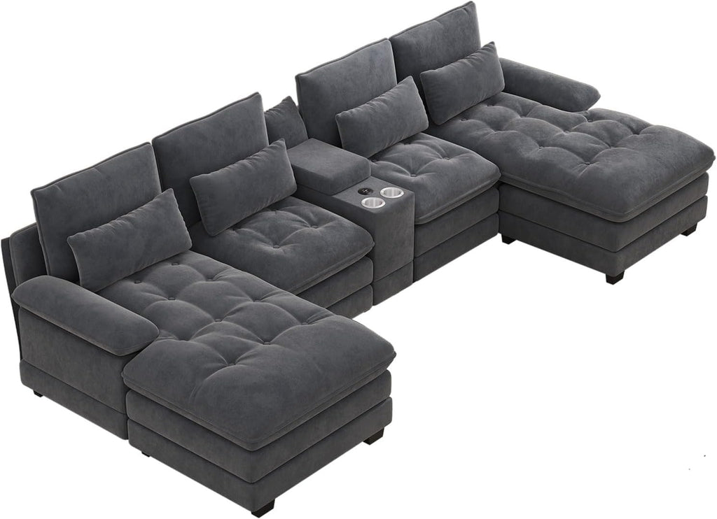 OUYESSIR 134' Oversized Grey Sectional Couches for Living Room,Fluffy Couch with Chaise Lounge&Tufted Buttons, U Shaped Living Room Sofa Set Furniture,Chenille 6 Seater Couch with Storage Console