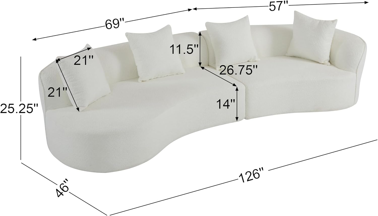 Christopher Knight Home Braebt 126' Modular Sofa with 4 Throw Pillows, Curved 5-Seater Large Sofa Couches, Comfy Upholstered Sectional Cloud Couch for Living Room, Study, No Assembly Required, Beige