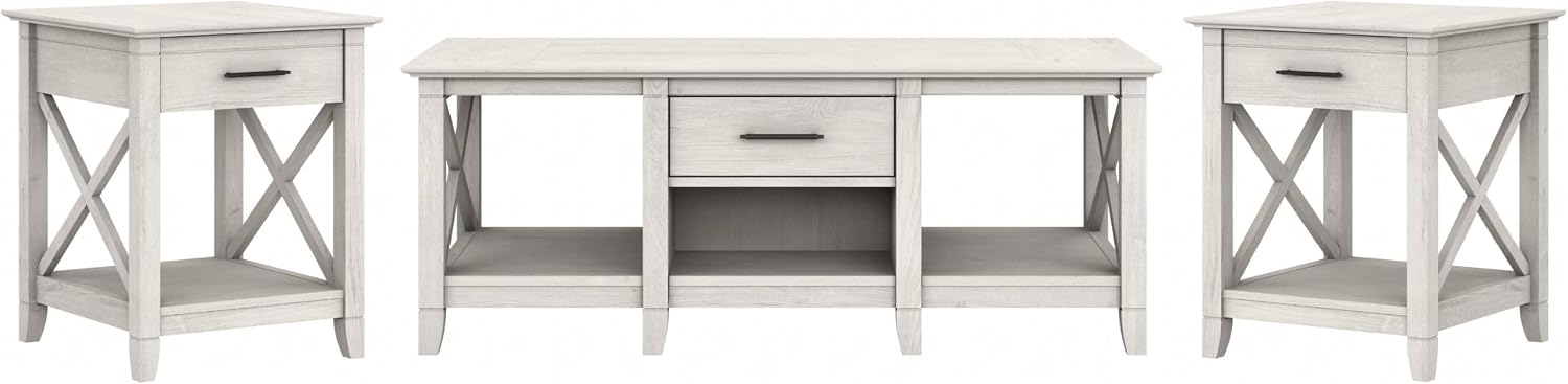 Bush Home Key West Coffee Table with Set of 2 End Tables in Linen White Oak