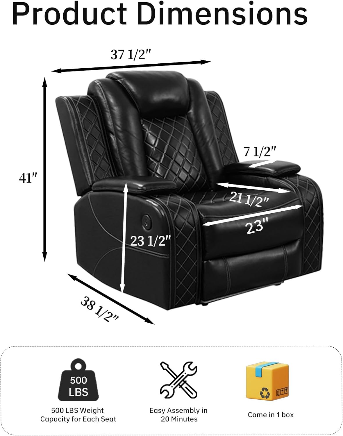 Living Room Furniture Sets, Power Recliner Sectional Sofa with LED Lights, Leather Couch Set, Reclining Chair for Living Room, Home Theater,and Office (1-Seater Chair, Black)