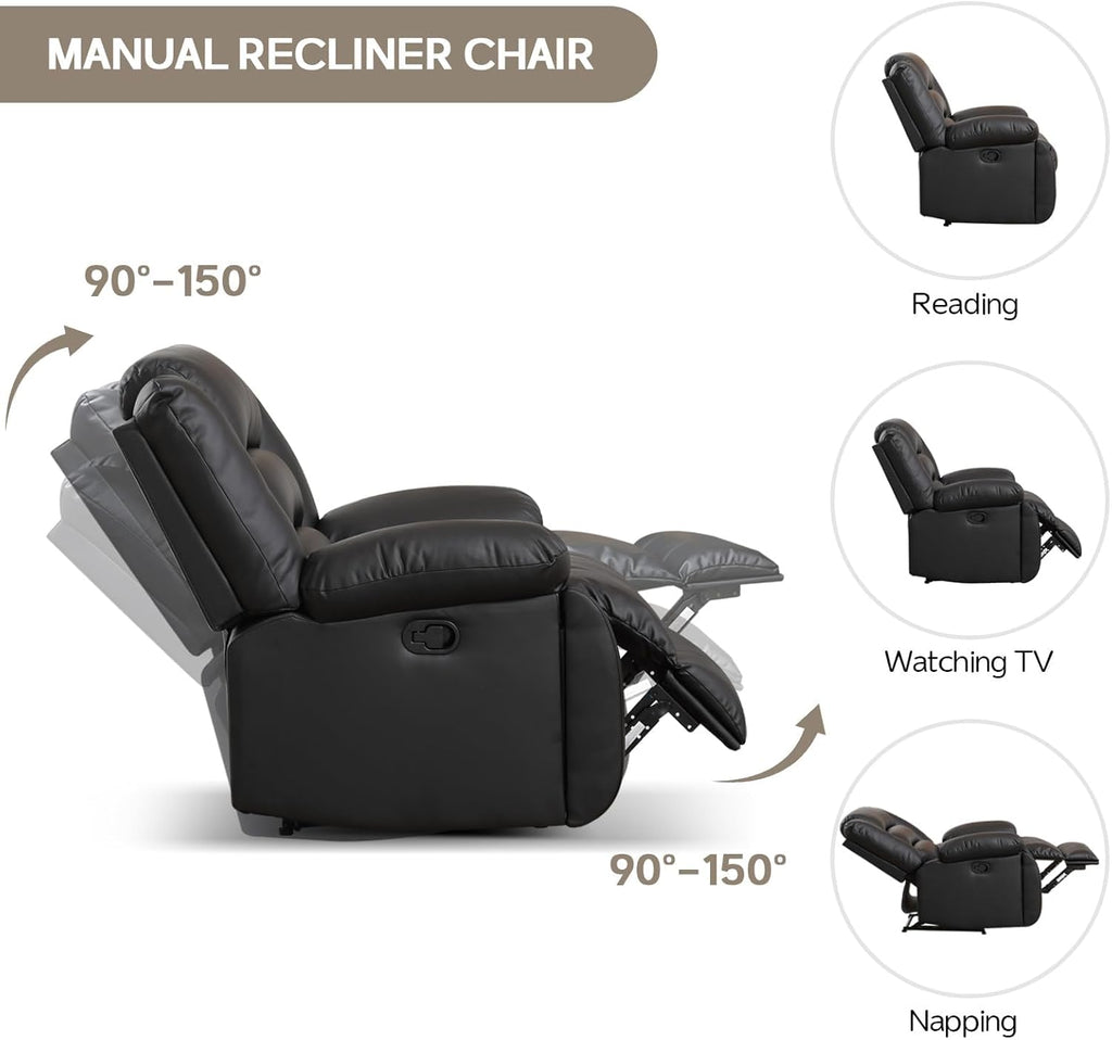 EBELLO Manual Recliner Chair, Faux Leather Reclining Chair with Hidden Cup Holders, Overstuffed Armrests and Back, Manual Single Sofa for Adult, Black