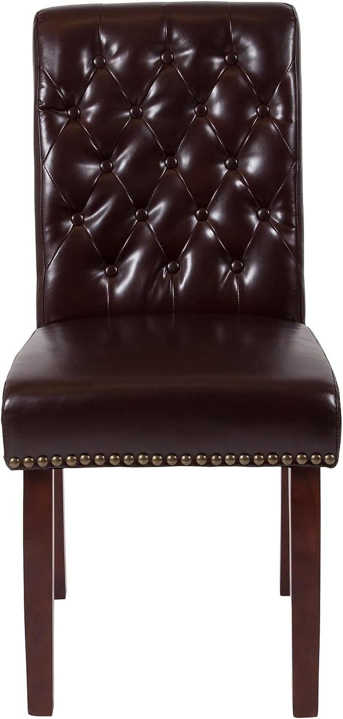 Flash Furniture HERCULES Series Brown LeatherSoft Parsons Chair with Rolled Back, Accent Nail Trim and Walnut Finish