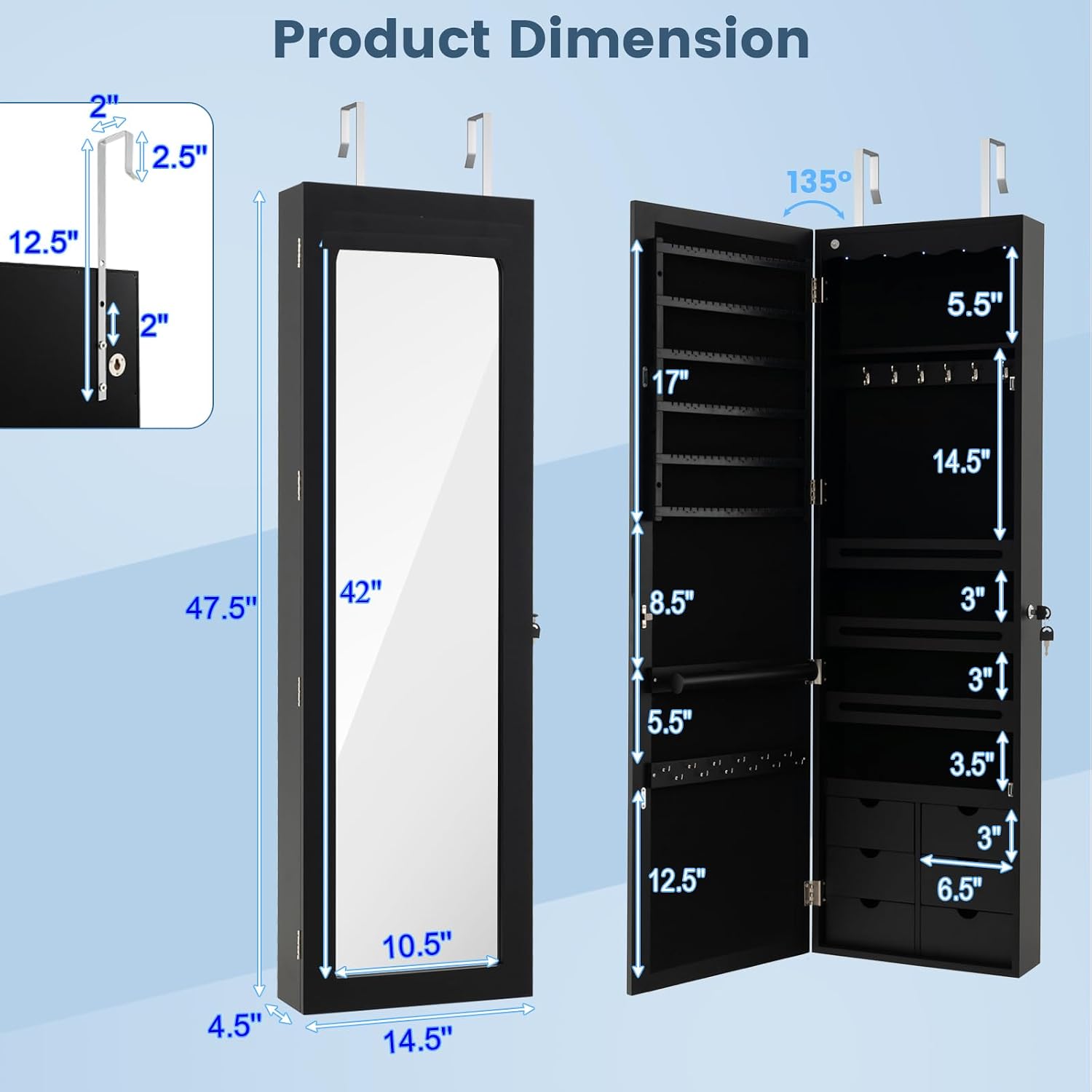 Giantex Wall Door Mounted Jewelry Cabinet with Full Length Mirror, Lockable Over Door Jewelry Armoire with LED Lights, 47.5' Large Jewelry Storage Organizer with 6 Drawers, Black