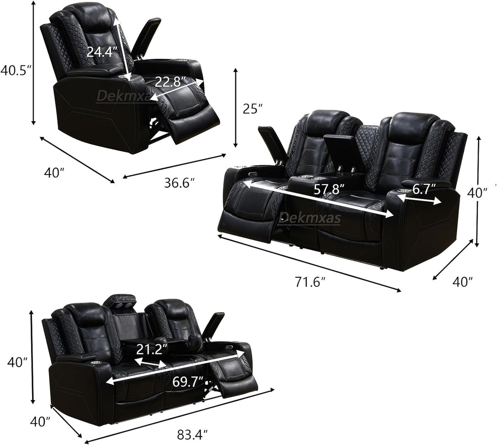 Power Recliner Sofa Set with Storage Armrest, Living Room Furniture Sets, Black Breathing Leather Reclining Sofa Couch with Drop-Down Table/Cup Holder/LED Light/USB Port for Living Room/Home