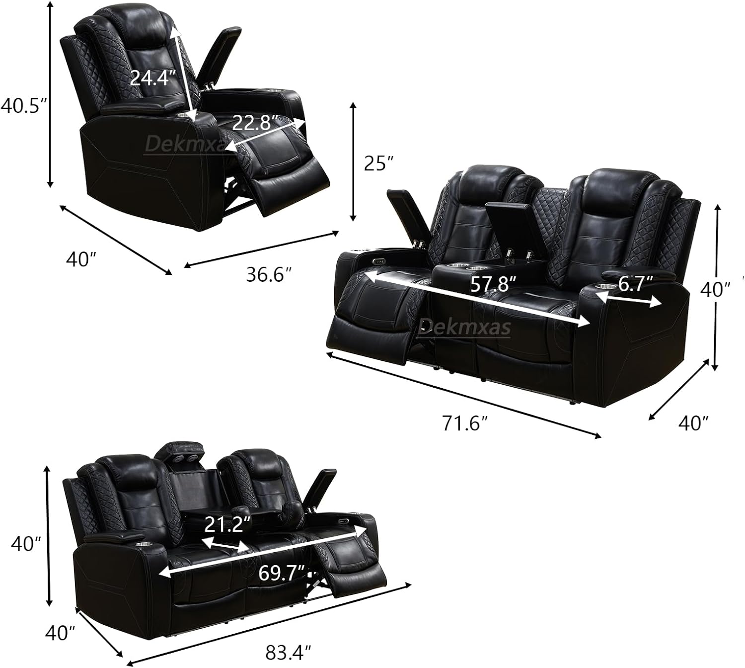 Power Recliner Sofa Set with Storage Armrest, Living Room Furniture Sets, Black Breathing Leather Reclining Sofa Couch with Drop-Down Table/Cup Holder/LED Light/USB Port for Living Room/Home