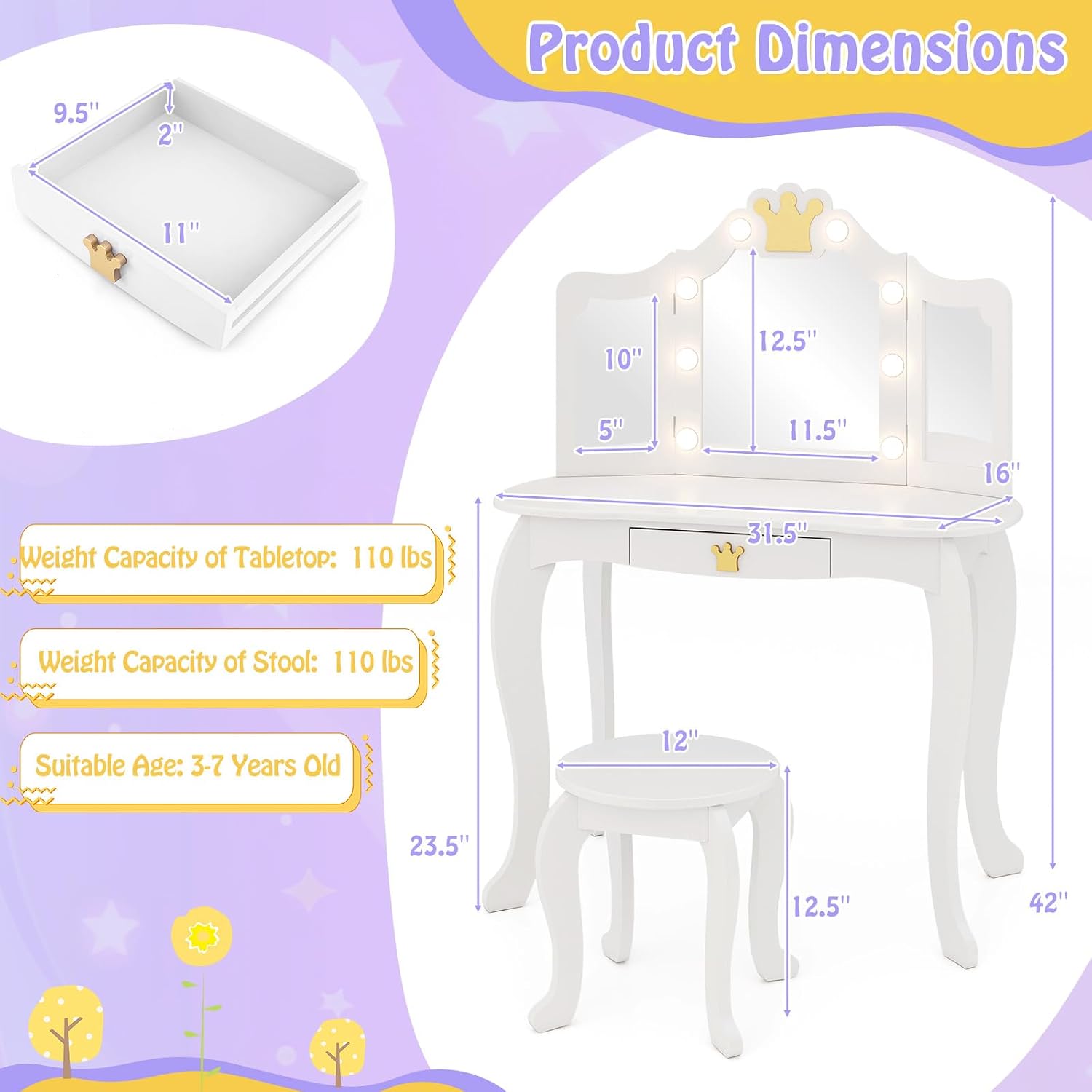 HONEY JOY Kids Vanity with Lights, Crown Girls Vanity Set with Mirror and Stool and Lights, Toddler Vanity, Wooden Makeup Table for Little Girls, Pretend Play Kids Vanity Table and Chair Set(White)