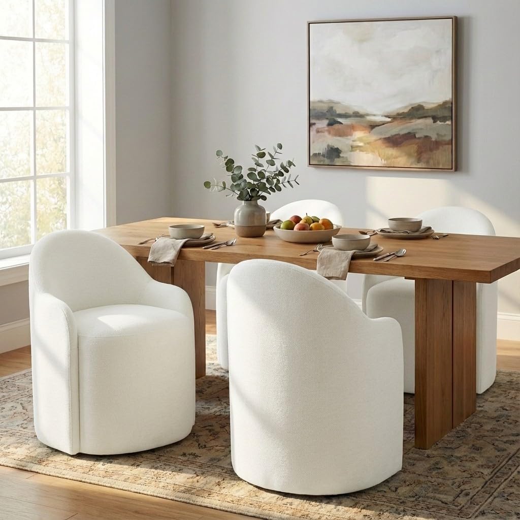 KISLOT Upholstered Dining Chairs with Casters, No Assembly Modern Dining Room Chairs Accent Vanity Chair with 5 Wheels & Round Backrest for Bedroom, Living Room, Dressing, Linen Fabric, Set of 2