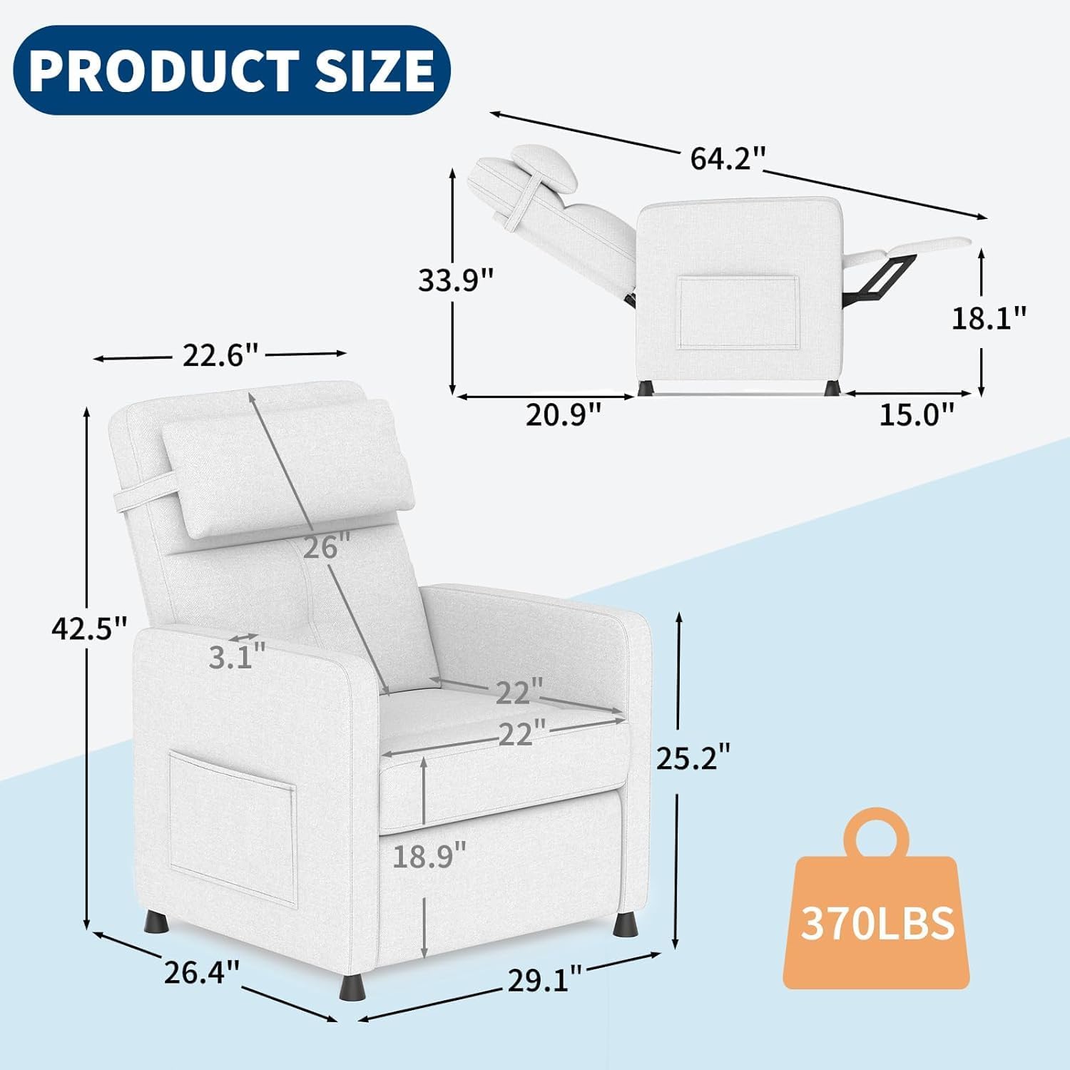 Power Recliner Chair with Electric Adjustable Back USB Port & Side Pockets, Single Overstuffed Recliner Chair for Living Room, Bedroom, or Home Theater, Beige White