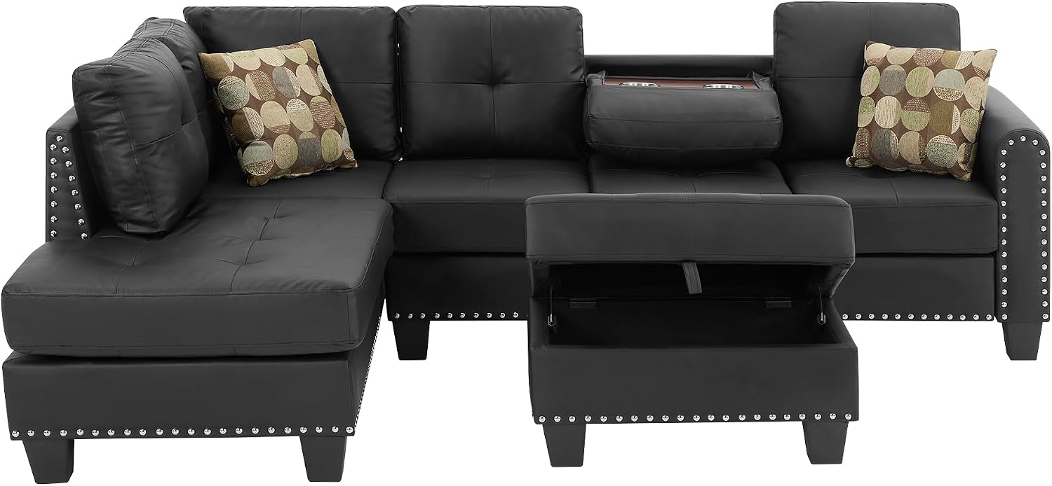3-Piece Sectional Couch Set L Shape 98' Wide Sofa for Living Room with 2 Cup Holders and Storage Ottoman for Home Furniture Room Decor, Black