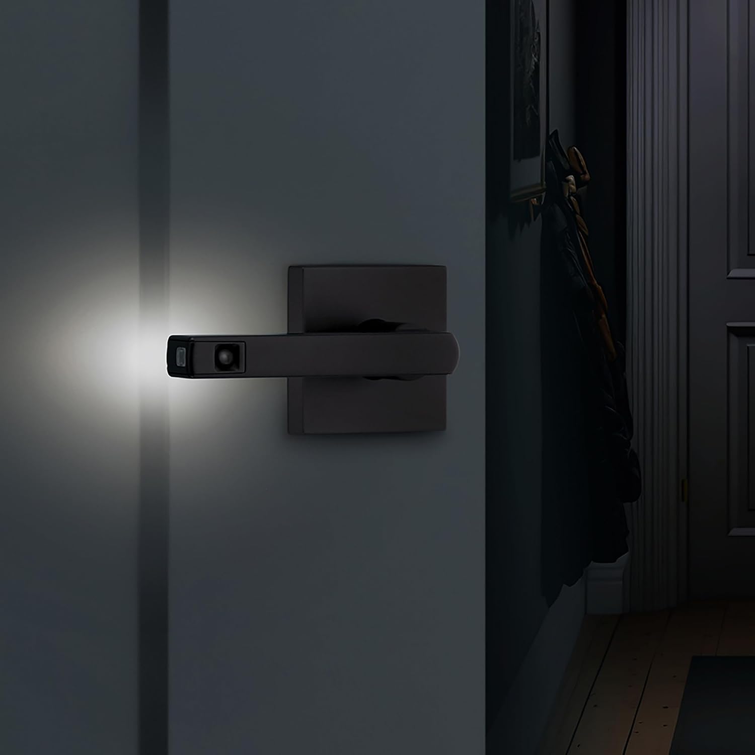 Kwikset Halifax LED Motion Activated Light Up Door Handle Reversible Lever & Cartridge, Matte Black, with Microban Protection