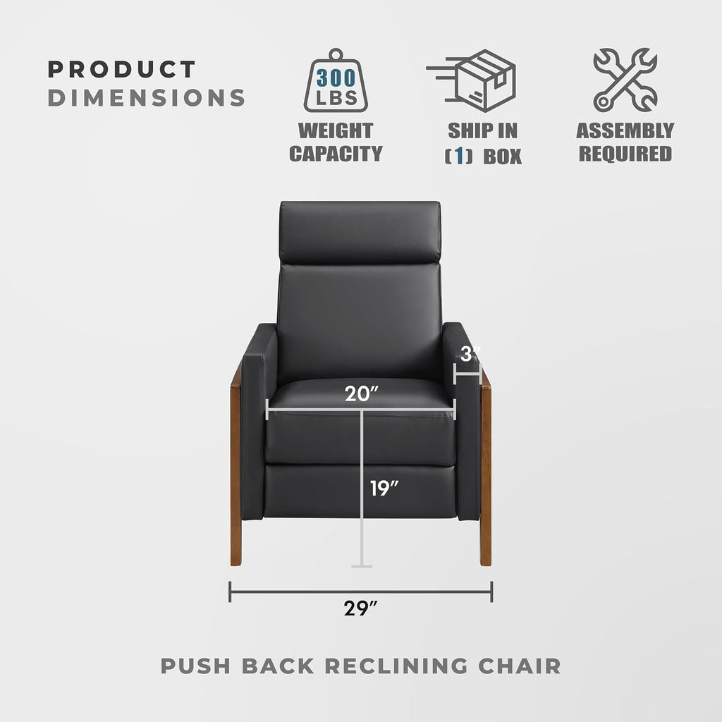 Lexicon Push Back Recliner Chair, Faux Leather Upholstered Reclining Chair with Footrest, Exposed Dark Brown Finish Wood Frame, Small Recliner for Small Space, Living Room, Bedroom, Black