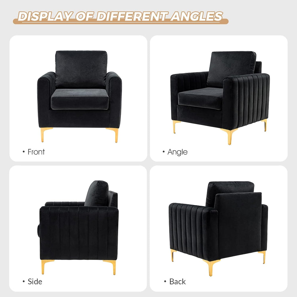 HULALA HOME Velvet Accent Club Chair, Modern Velvet Armchair Upholstered Accent Club Chair with Gold Metal Legs Mid-Century Barrel Leisure Comfy Reading Armchair, Black