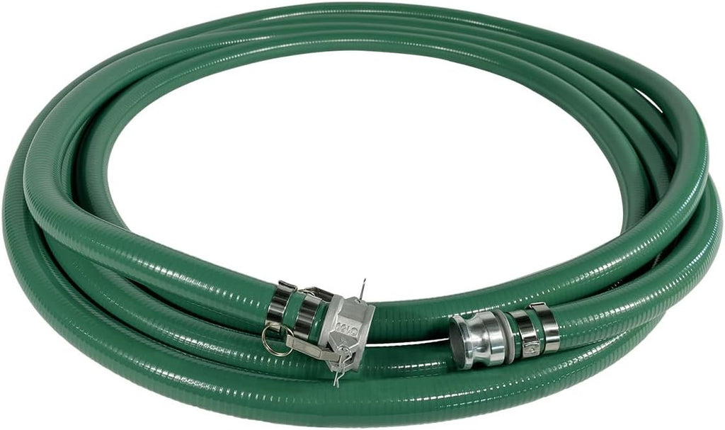 Gloxco Heavy Duty Green PVC Suction Hose Assembly for Water Transfer, 1-1/2' Inside Diameter, Installed Male x Female Cam and Groove Fittings, 33 ft Length