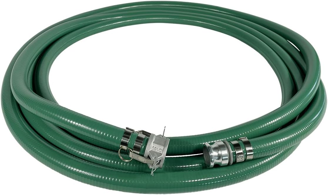 Gloxco Heavy Duty Green PVC Suction Hose Assembly for Water Transfer, 1-1/2' Inside Diameter, Installed Male x Female Cam and Groove Fittings, 40 ft Length
