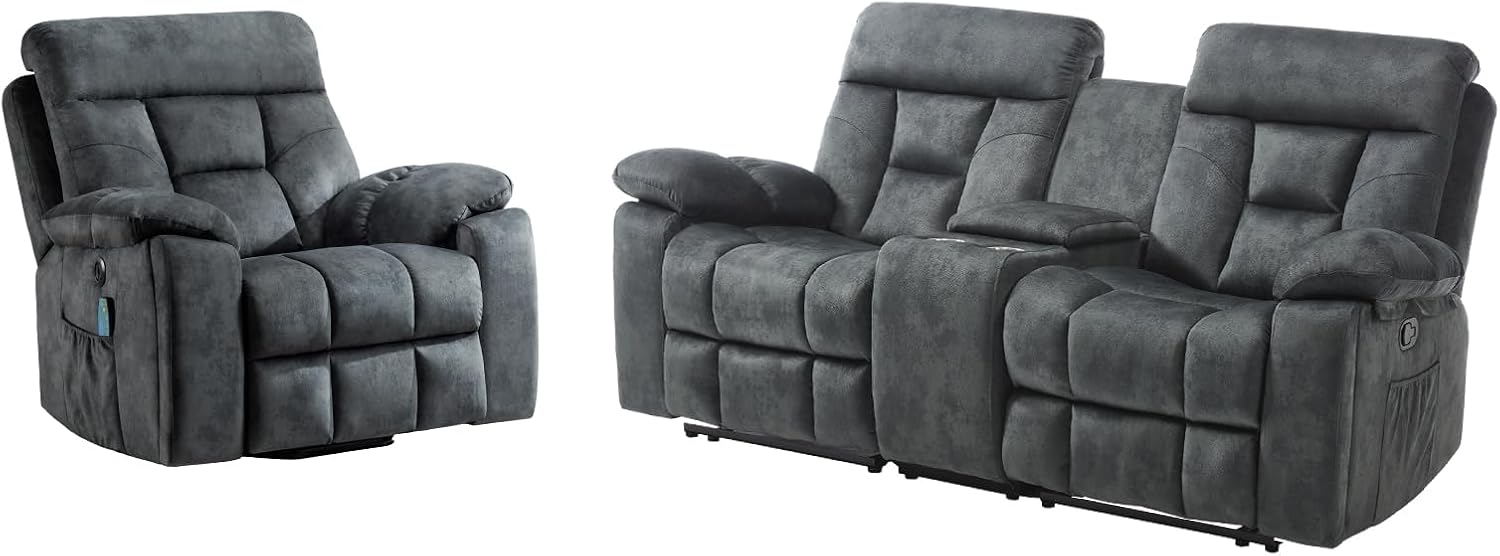 EBELLO 2 Piece Reclining Living Room Set, Soft Fabric Recliner Sofa Set, Included Power Lift Recliner Chair with Massage and Heat and Loveseat, Dark Greenish-Grey
