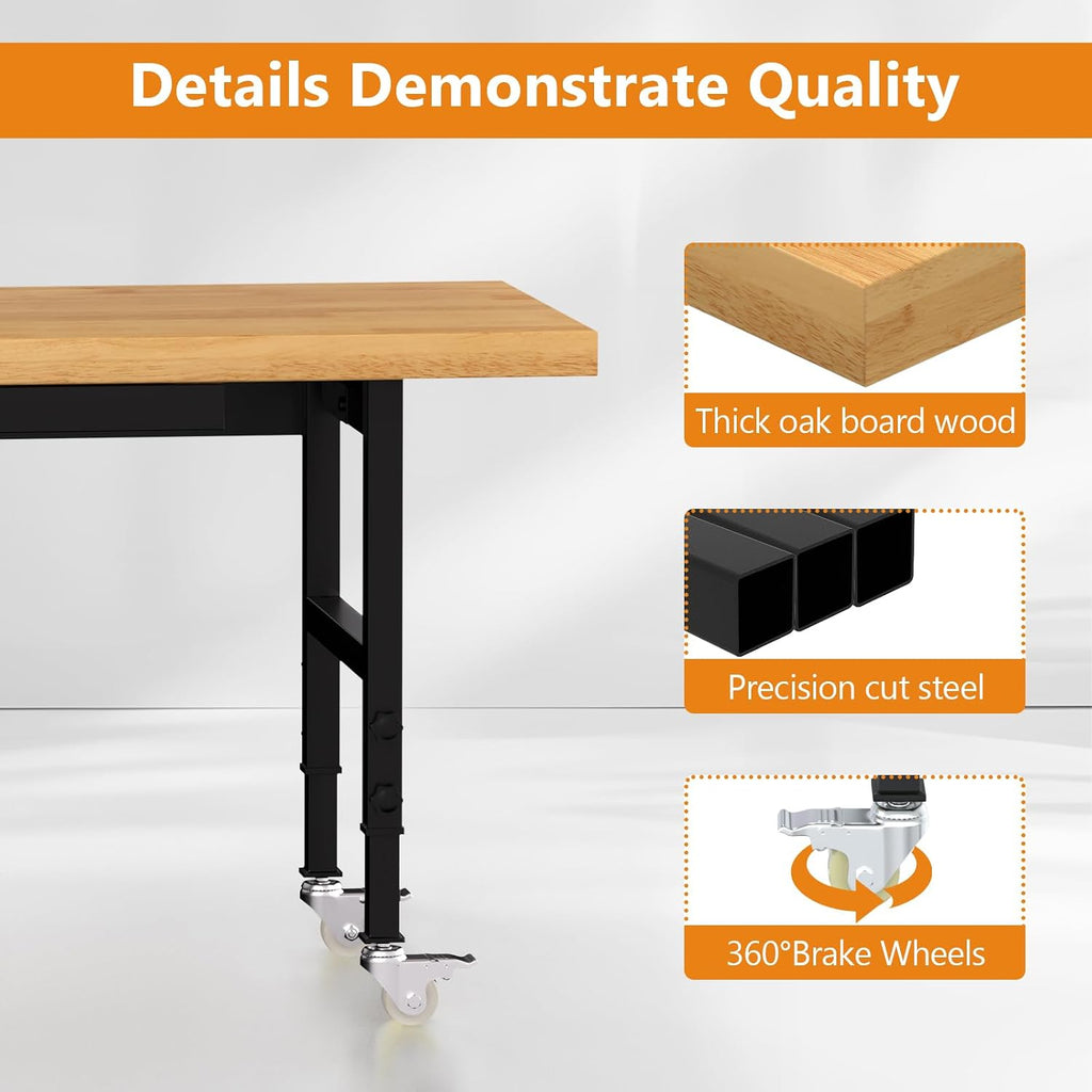 60' Heavy-Duty Solid Wood Work Bench with Drawers, Adjustable Height Workbench with Wheels, 2000 LBS Capacity Work Table with Power Outlets for Garage, Workshop(60' X 24')