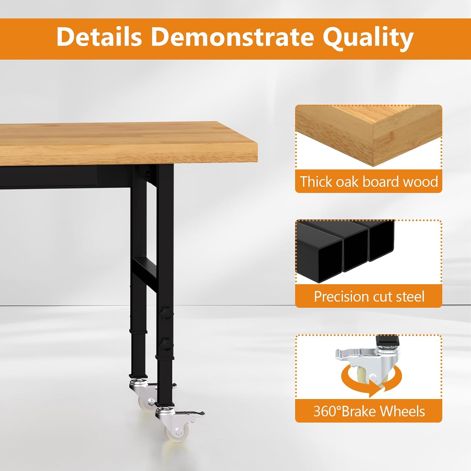 60' Heavy-Duty Solid Wood Work Bench with Drawers, Adjustable Height Workbench with Wheels, 2000 LBS Capacity Work Table with Power Outlets for Garage, Workshop(60' X 24')