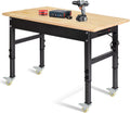 48' Adjustable Work Bench, Rubber Wood Top Workbench Heavy-Duty Work Table with Power Outlet,workbenches Wheels, 2000 LBS Load Capacity Hardwood Work Benches for Garage, Workshop, Home, Office