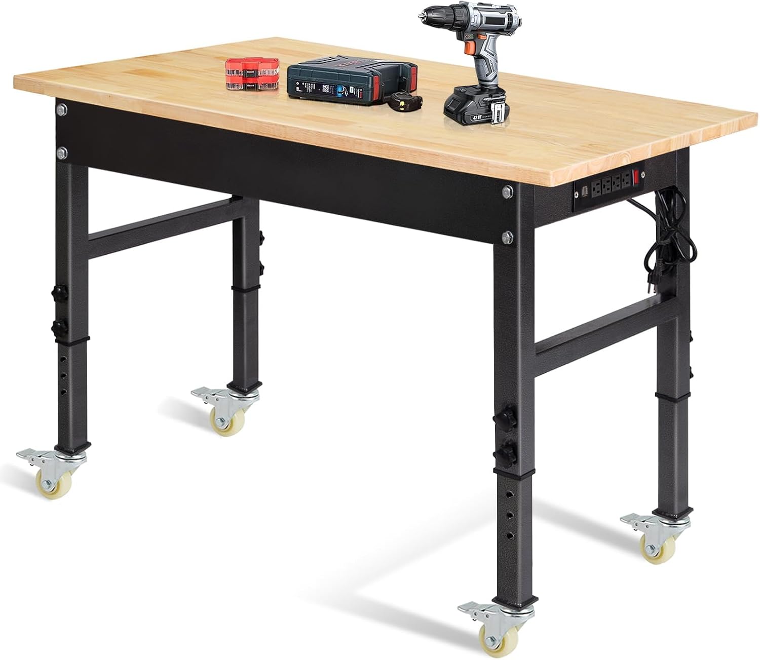 48' Adjustable Work Bench, Rubber Wood Top Workbench Heavy-Duty Work Table with Power Outlet,workbenches Wheels, 2000 LBS Load Capacity Hardwood Work Benches for Garage, Workshop, Home, Office