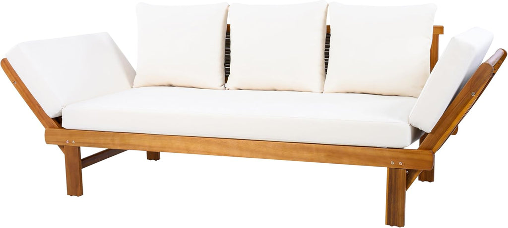 Christopher Knight Home Guru Patio Convertible Couch with Adjustable Armrest, Acacia Wood Outdoor Daybed, PE Wicker Patio 3 Seater Sofa, Back Pillow+Removable Cushion, Teak+Cream