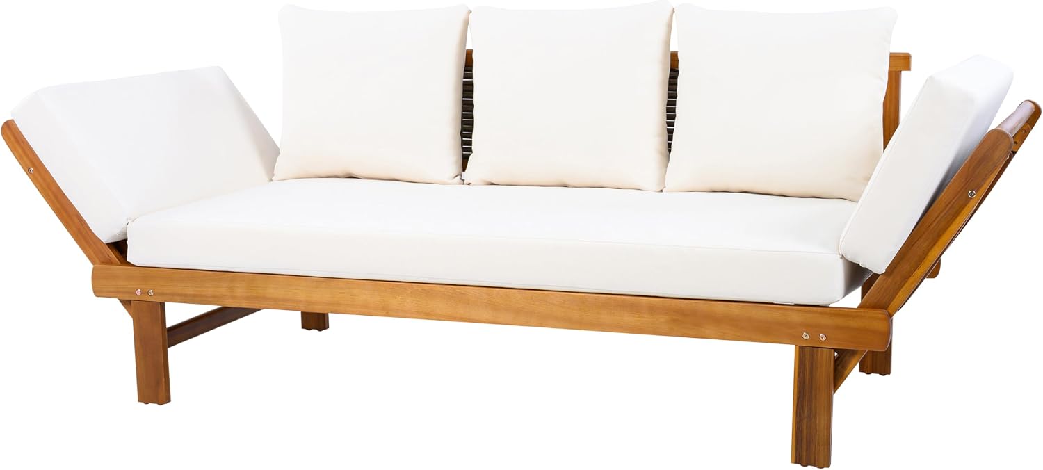 Christopher Knight Home Guru Patio Convertible Couch with Adjustable Armrest, Acacia Wood Outdoor Daybed, PE Wicker Patio 3 Seater Sofa, Back Pillow+Removable Cushion, Teak+Cream
