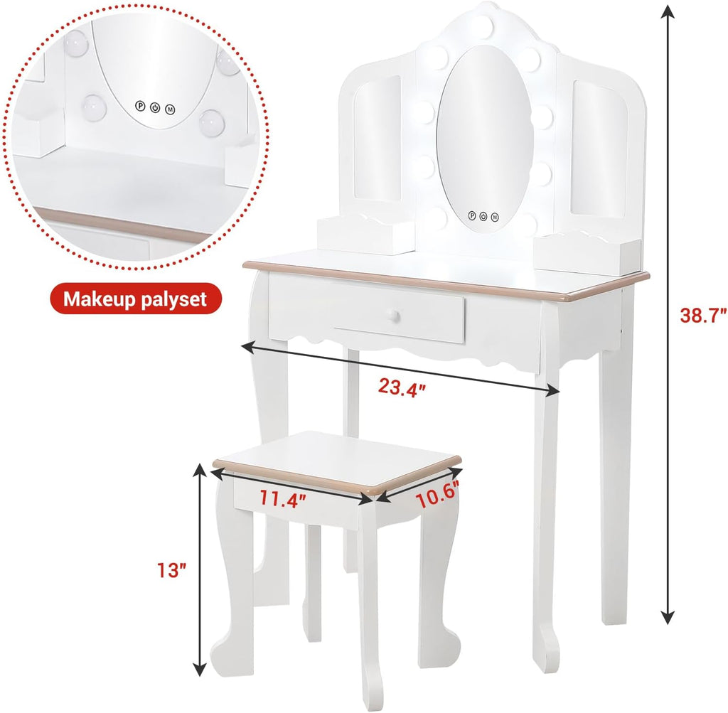 Garveehome Kids Vanity Table and Chair Set with Light, Girls Vanity with Mirror, Drawer and Pretend Playset, Wooden Princess Makeup Desk Dressing Table, Toddler Vanity (Batteries Not Included)