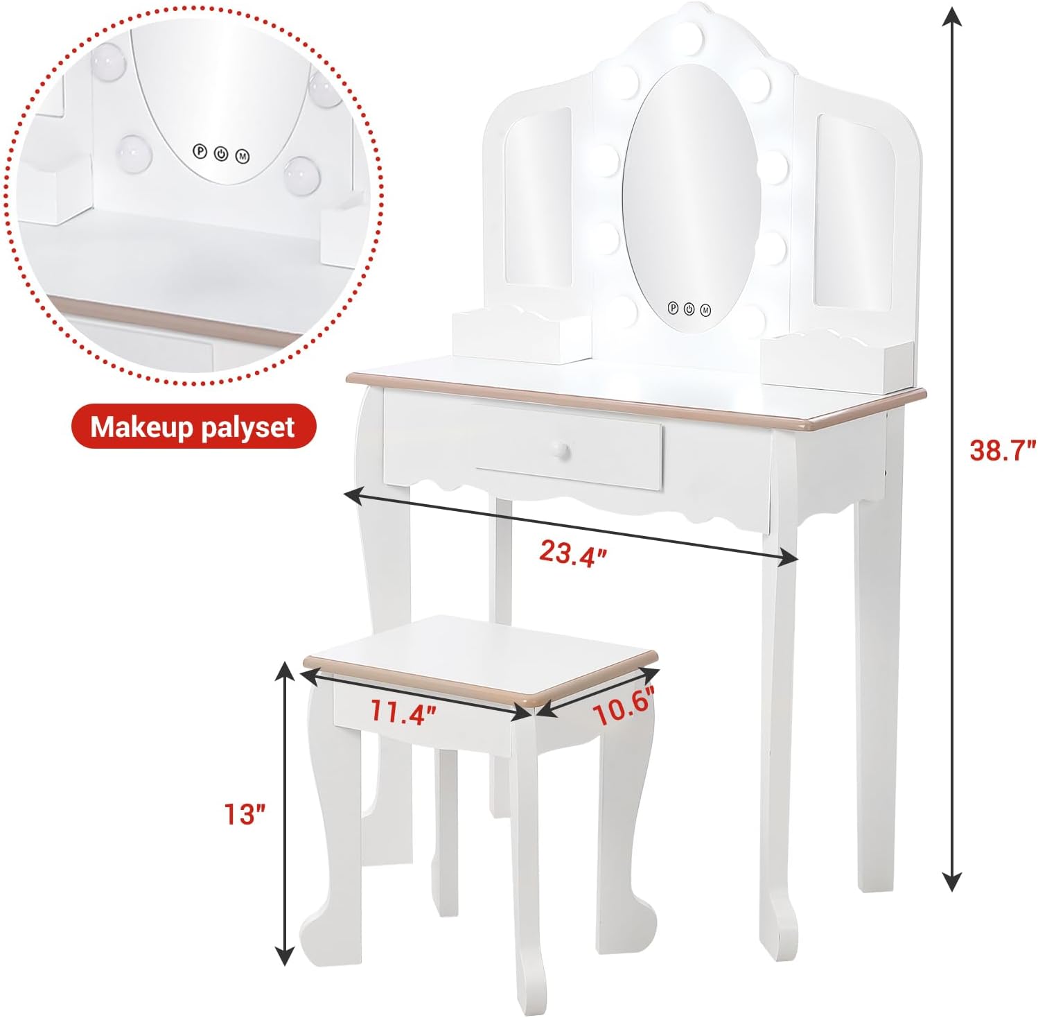 Garveehome Kids Vanity Table and Chair Set with Light, Girls Vanity with Mirror, Drawer and Pretend Playset, Wooden Princess Makeup Desk Dressing Table, Toddler Vanity (Batteries Not Included)