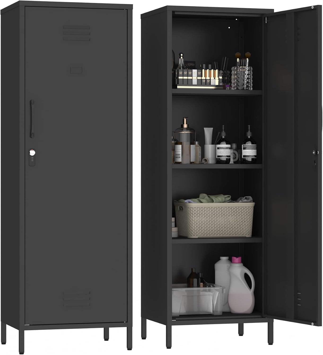 Steehoom Locker Cabinet, 59.06' H Black Metal Locker Storage Cabinet for Employees with Locking Door and 2 Shelves Kids Locker Tool File Cabinets for Bedroom, Home Office, Garage, Bathroom