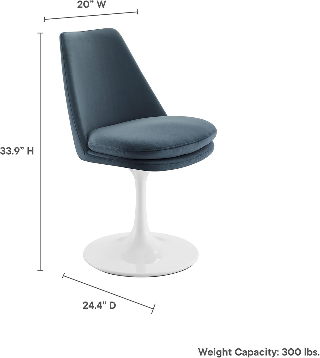 Modway Lippa Velvet Swivel Dining Side Chair in White Cadet Blue - Armless Accent Chair with Stain-Resistant Performance Velvet Upholstery - 360° Rotating Office Chair