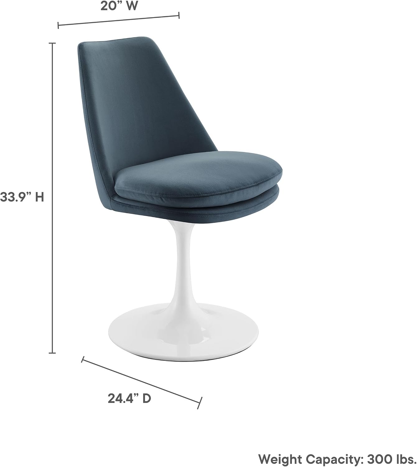 Modway Lippa Velvet Swivel Dining Side Chair in White Cadet Blue - Armless Accent Chair with Stain-Resistant Performance Velvet Upholstery - 360° Rotating Office Chair