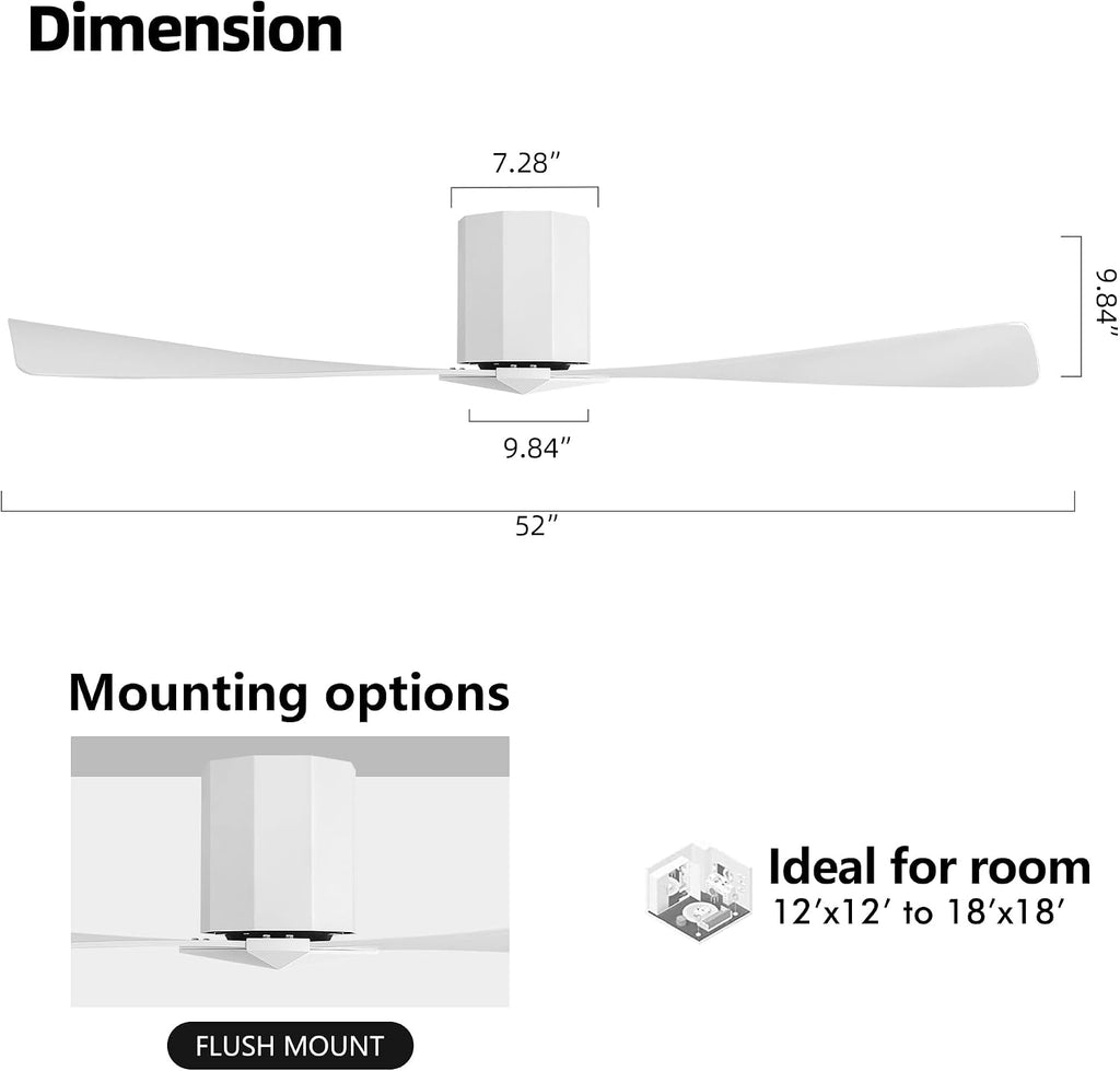 WINGBO 52' Ceiling Fan no Light - Gloss White DC Flush Mount Ceiling Fan, 3 ABS Plastic Curved Blades, 6 Speed Reversible DC Motor, Hugger Ceiling Fans No Light for Kitchen, Bedroom, Living Room